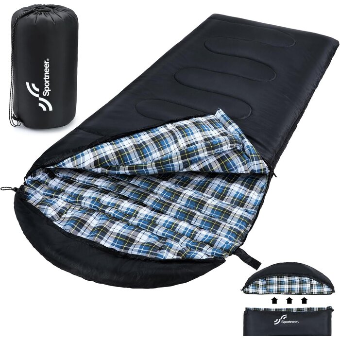 Sportneer Sac de couchage rectangulaire 3-4 saisons avec capuche - Jusqu'à 33% de remise