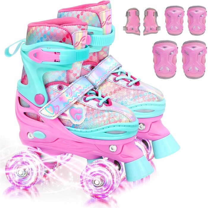 Sportneer Rollers enfants ajustables avec roues lumineuses - Rose - Jusqu'à -33%