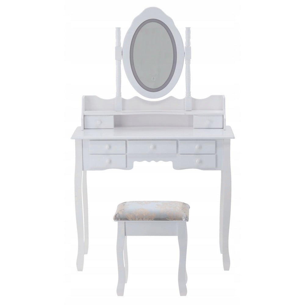 Coiffeuse avec miroir LED, tabouret et 7 tiroirs - Blanc - Jusqu'à 11% de remise