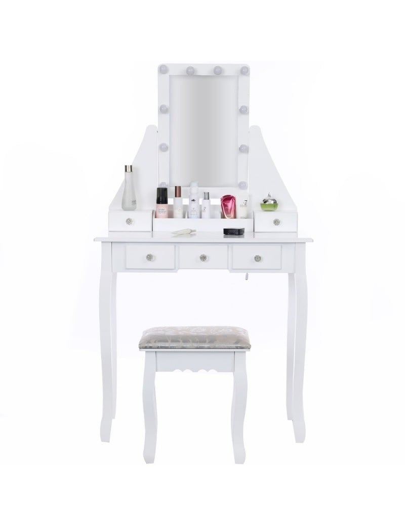 Coiffeuse avec miroir LED 5 tiroirs et tabouret - Jusqu'à -25%