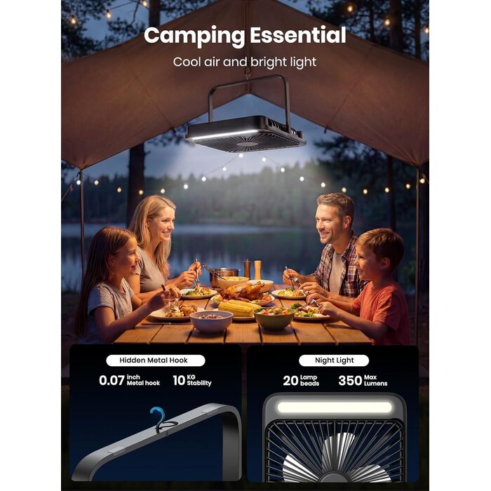 Ventilateur de camping 27 cm avec lampe LED et batterie 20000mAh - Jusqu'à 34%