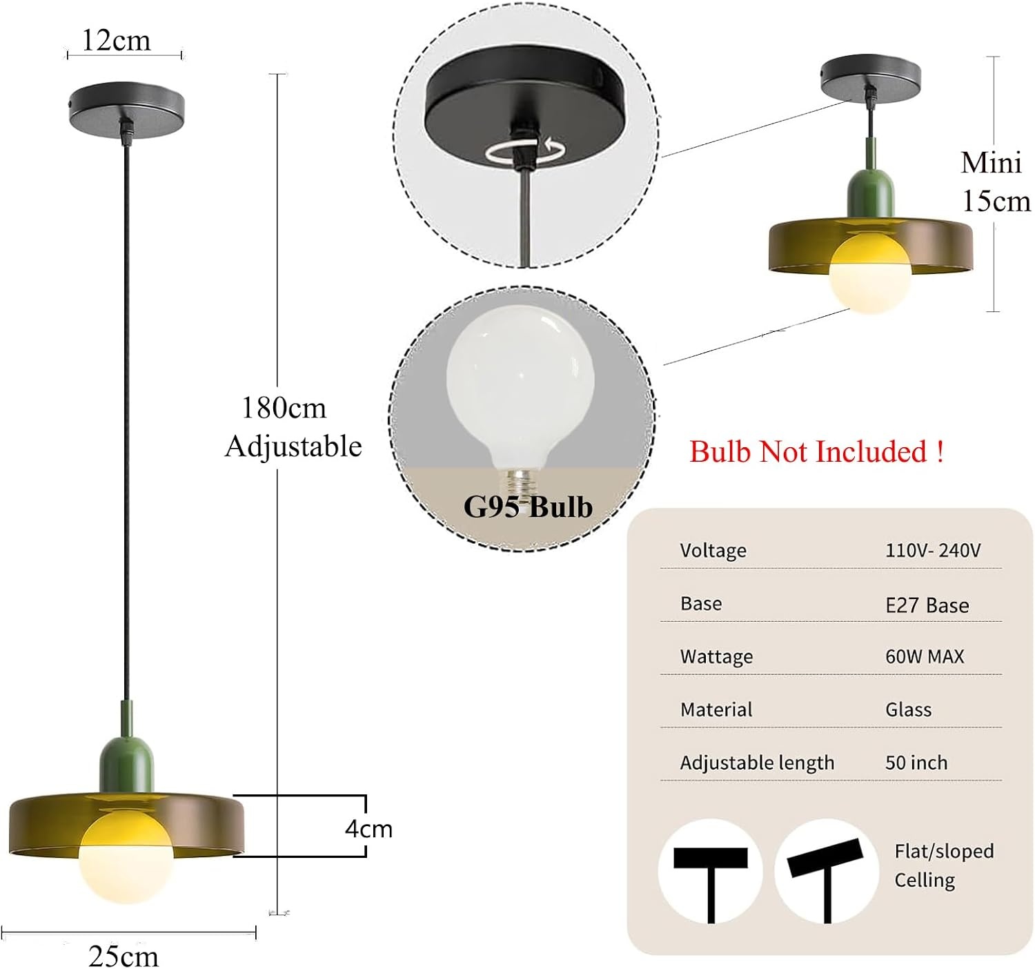 Suspension lumineuse verre vert ø25cm - Jusqu'à -34% sur votre déco rétro