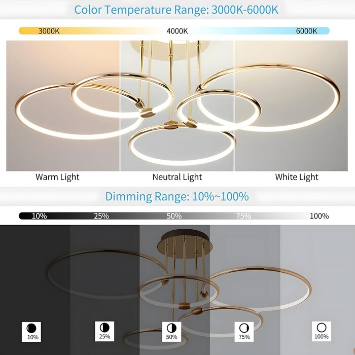 Plafonnier LED moderne 5 anneaux doré Ø93cm - Jusqu'à -35% sur l'outlet
