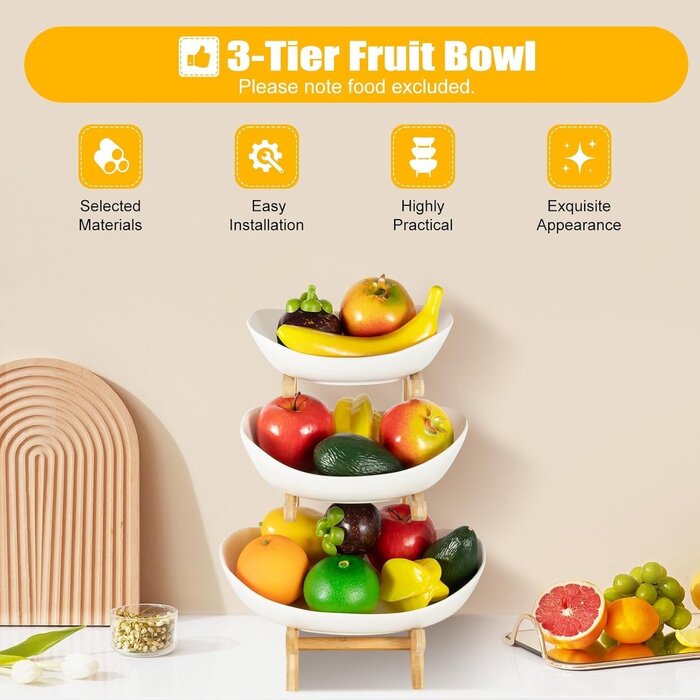 Étagère à fruits 3 niveaux en céramique et bambou - Jusqu'à -33%