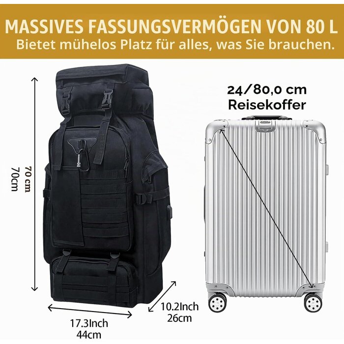 Sac à dos randonnée 80L militaire - Noir - Jusqu'à -32% sur votre équipement