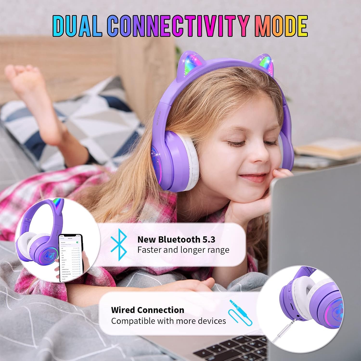Casque Bluetooth Enfant Oreilles de Chat Violet - Jusqu'à 31% de réduction