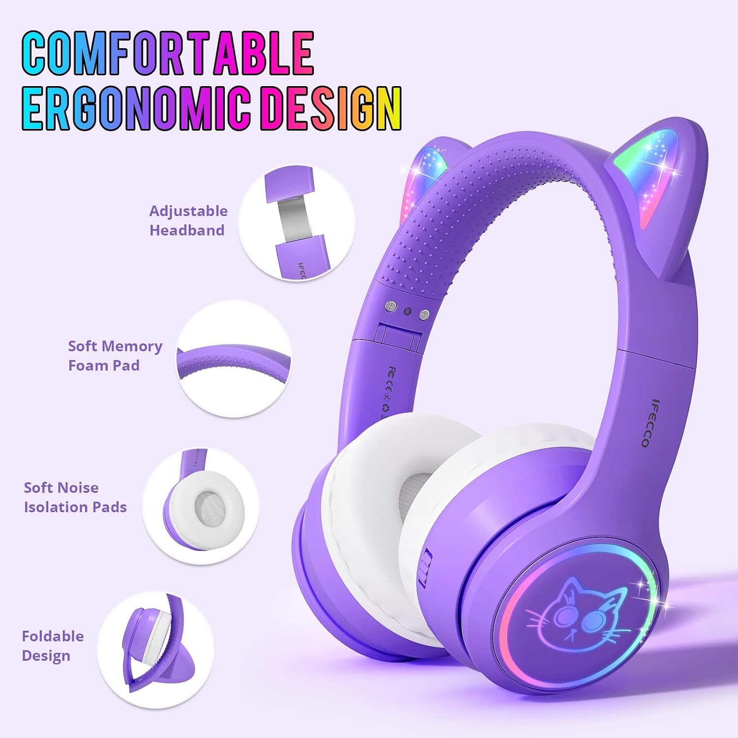 Casque Bluetooth Enfant Oreilles de Chat Violet - Jusqu'à 31% de réduction