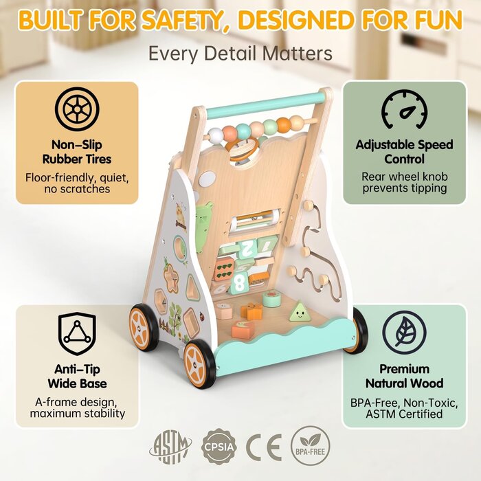 Chariot de marche Montessori en bois avec activités - Jusqu'à 29% de réduction