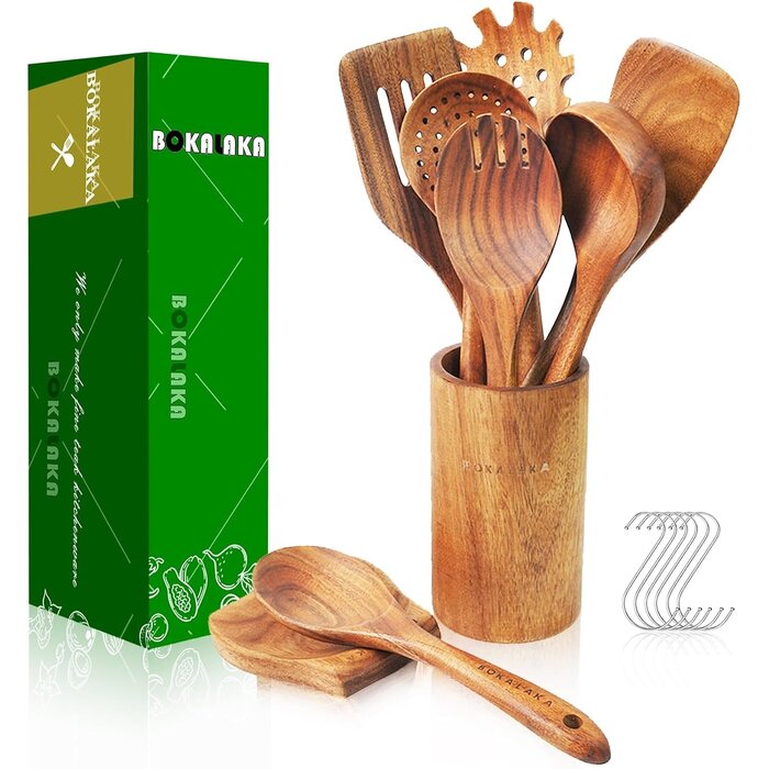 Set de 10 ustensiles de cuisine en bois de teck - Jusqu'à 28% de remise