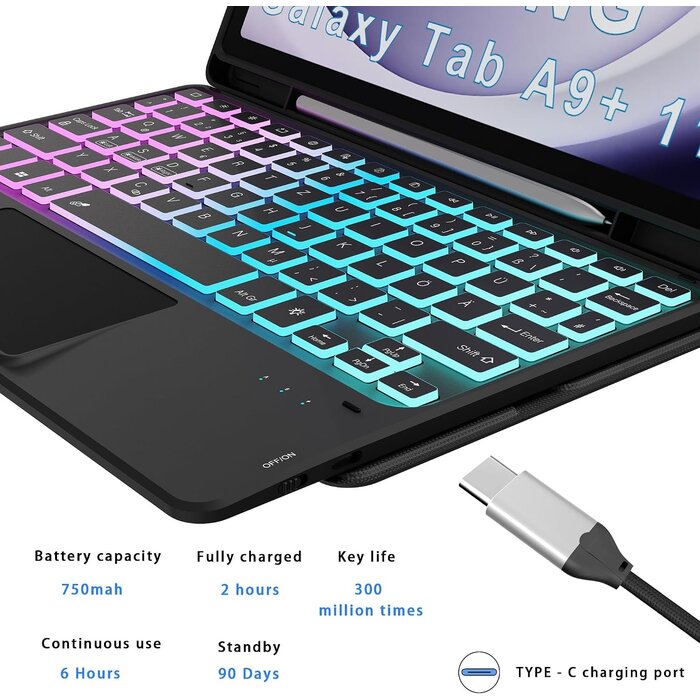 Roofei Étui clavier rétroéclairé pour Samsung Tab A9+ 11" - Jusqu'à -52%