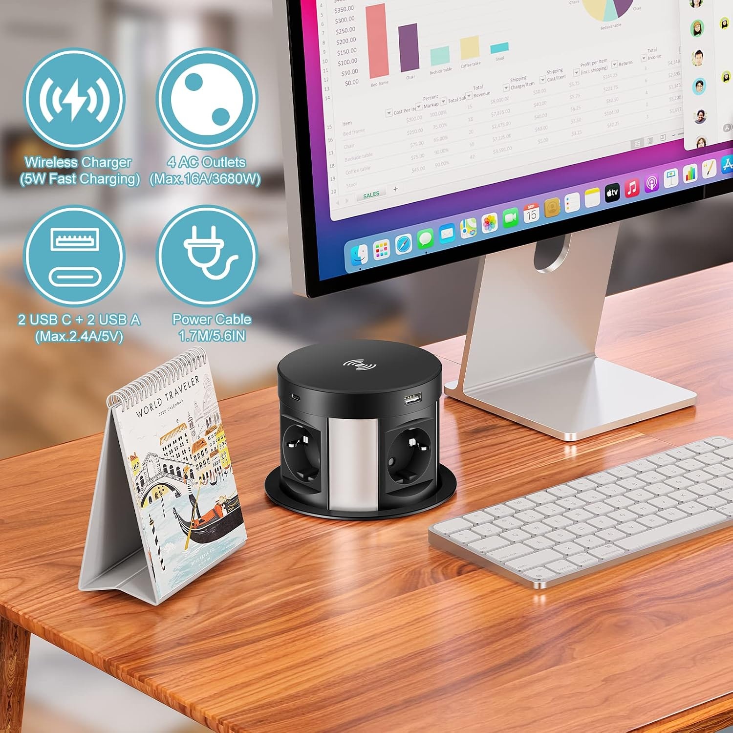 Bloc Multiprise Escamotable 4 Prises + USB & Chargeur Sans Fil - Jusqu'à -34%