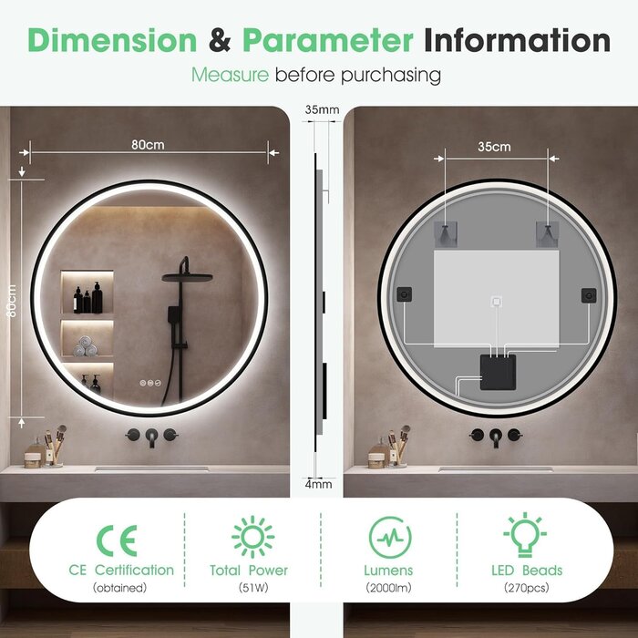 Miroir LED rond 80 cm, Bluetooth & Anti-buée - Jusqu'à -35% en Outlet
