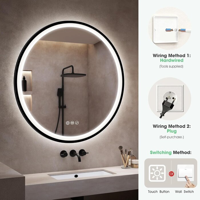 Miroir LED rond 80 cm, Bluetooth & Anti-buée - Jusqu'à -35% en Outlet