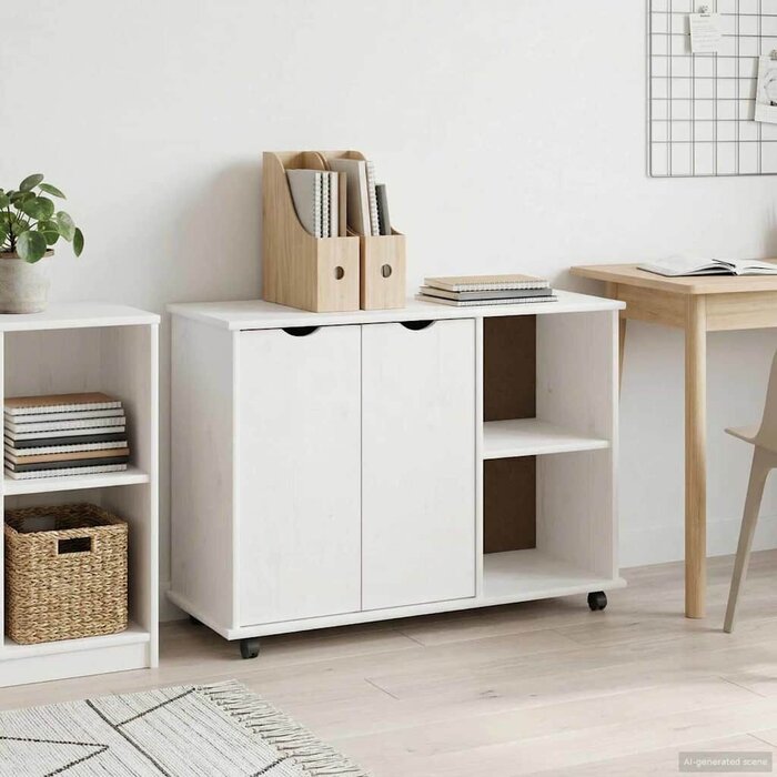 Meuble de rangement à roulettes en bois massif blanc - Jusqu'à -35%