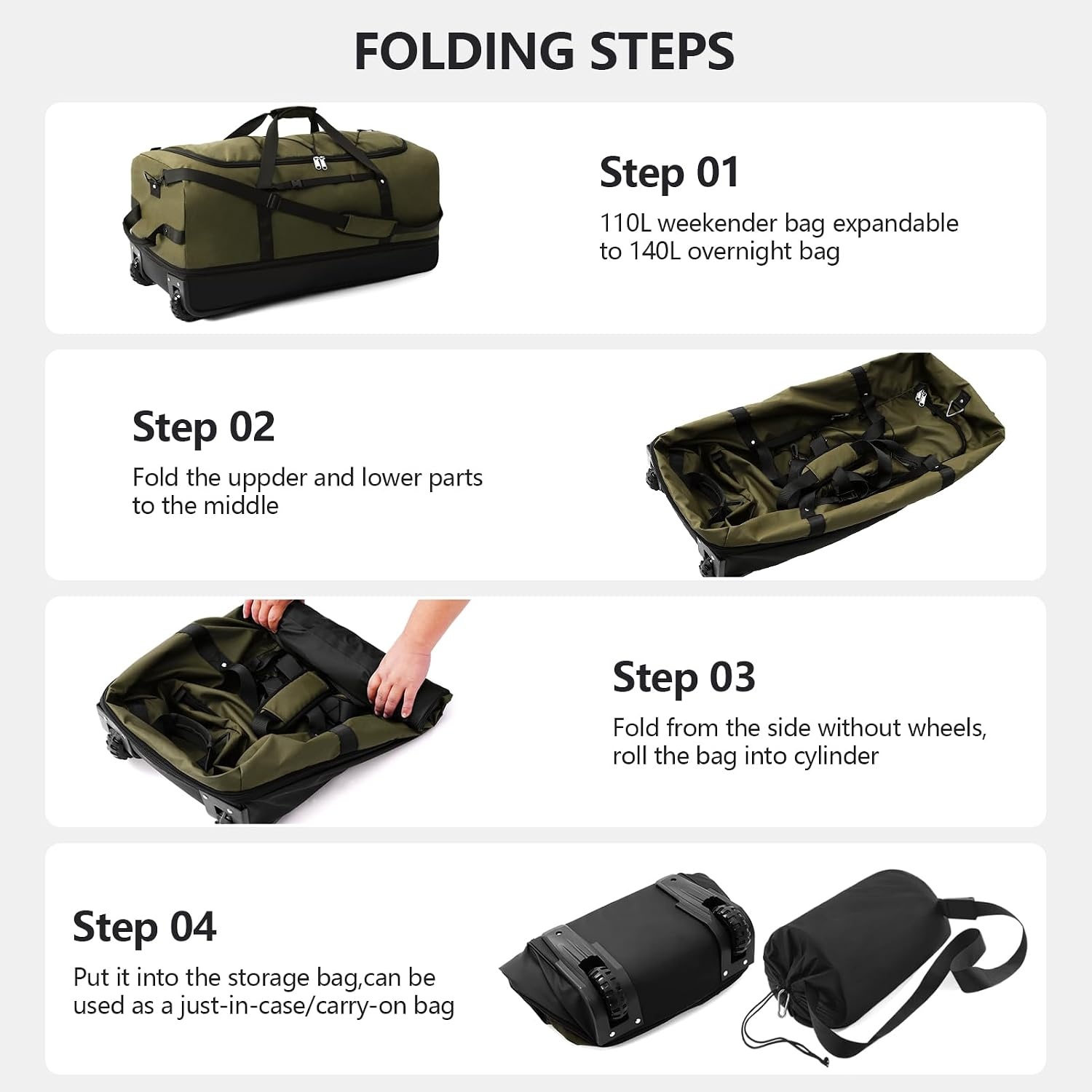 Sac de voyage pliable à roulettes 110-140L - Vert Militaire - Jusqu'à -33,5%