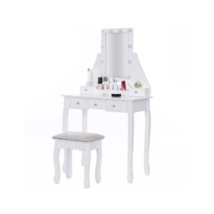 Coiffeuse blanche avec miroir LED et tabouret - Jusqu'à 25% de remise