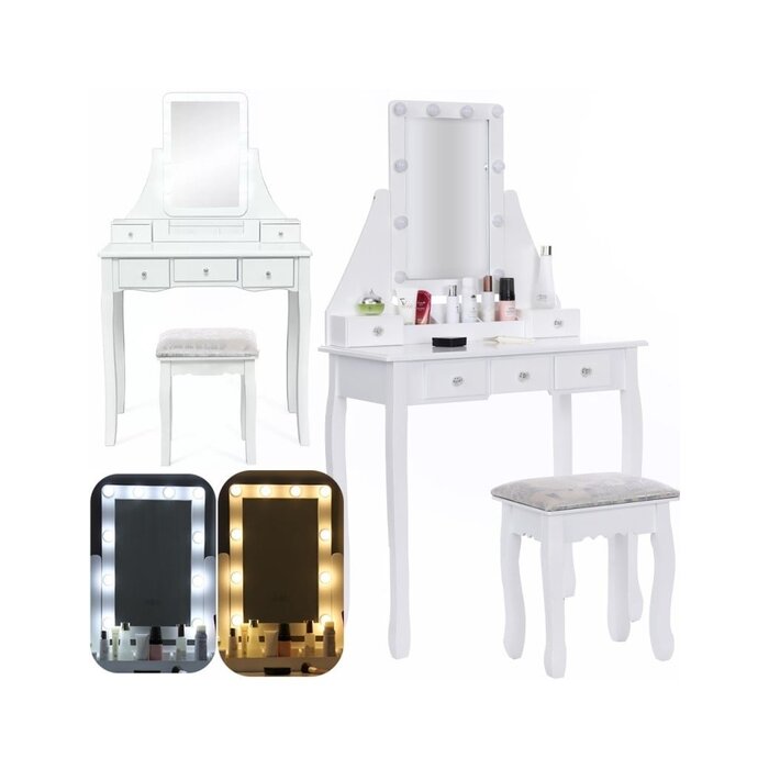Coiffeuse blanche avec miroir LED et tabouret - Jusqu'à 25% de remise