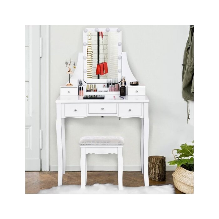 Coiffeuse blanche avec miroir LED et tabouret - Jusqu'à 25% de remise