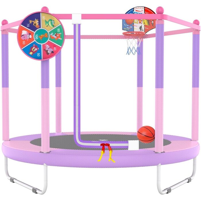 Trampoline enfant 145 cm avec panier de basket - Rose - Jusqu'à -34%