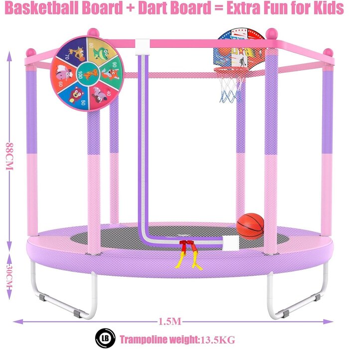 Trampoline enfant 145 cm avec panier de basket - Rose - Jusqu'à -34%