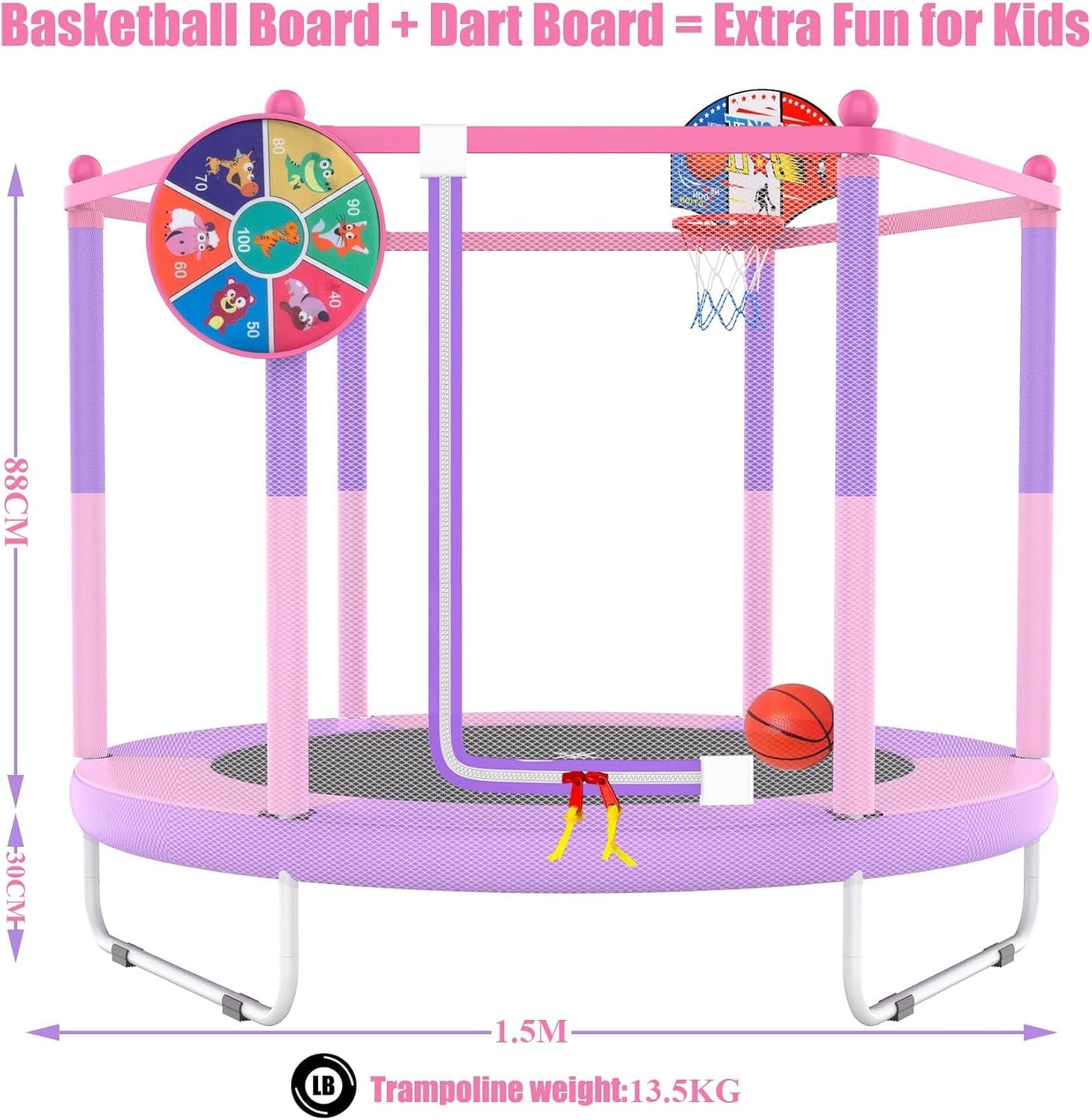 Trampoline enfant 145 cm avec panier de basket - Rose - Jusqu'à -34%