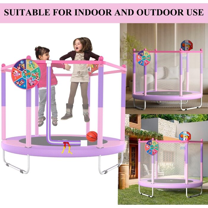 Trampoline enfant 145 cm avec panier de basket - Rose - Jusqu'à -34%