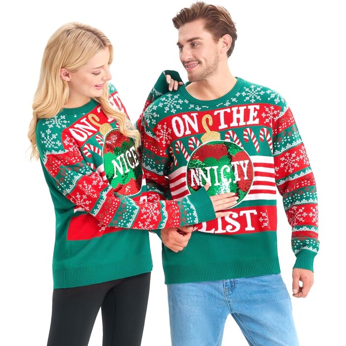 Pull de Noël humoristique vert sequins - Jusqu'à -36% de remise