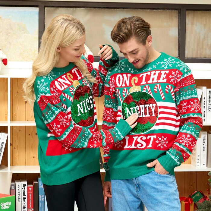 Pull de Noël humoristique vert sequins - Jusqu'à -36% de remise