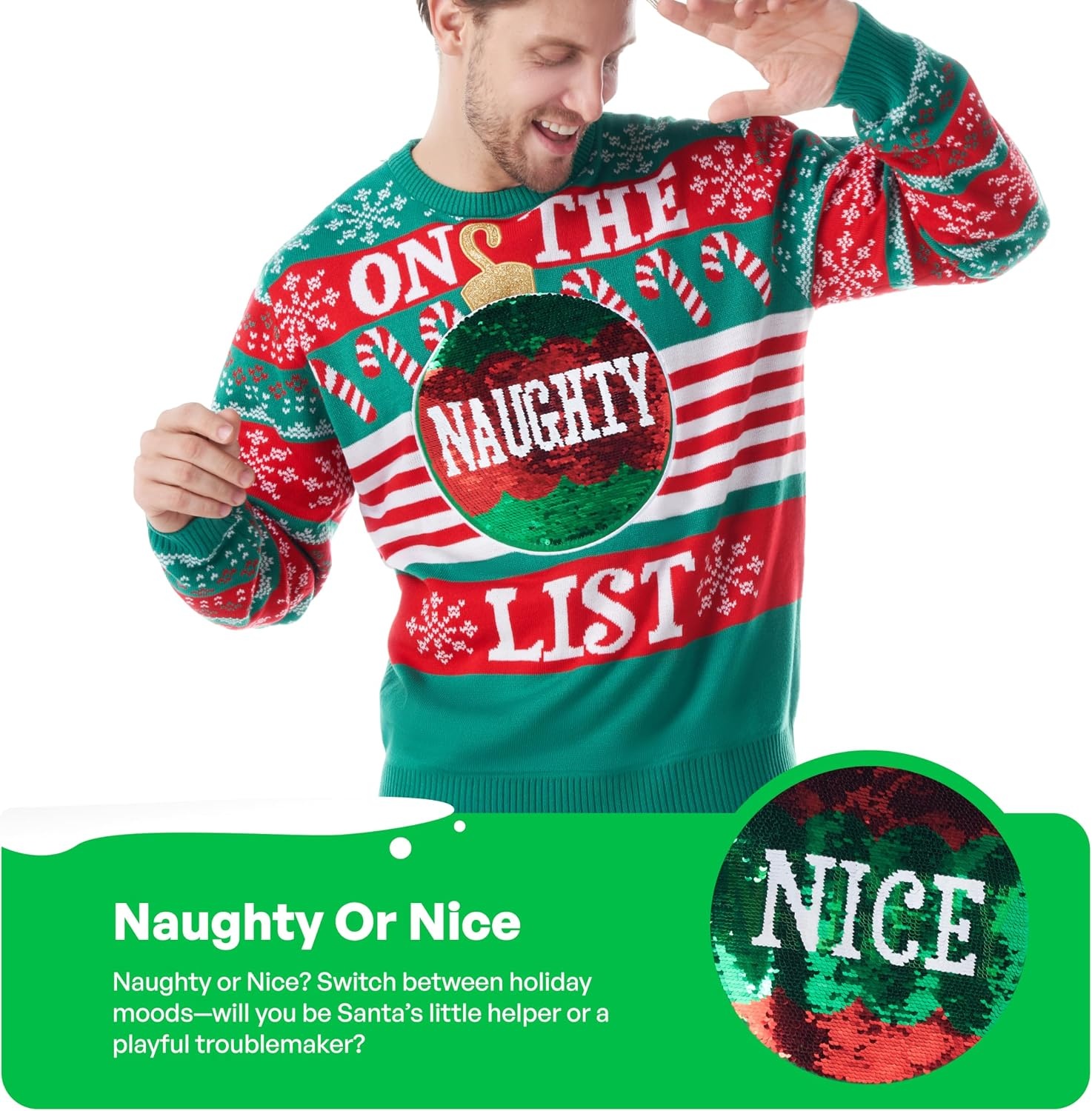 Pull de Noël humoristique vert sequins - Jusqu'à -36% de remise
