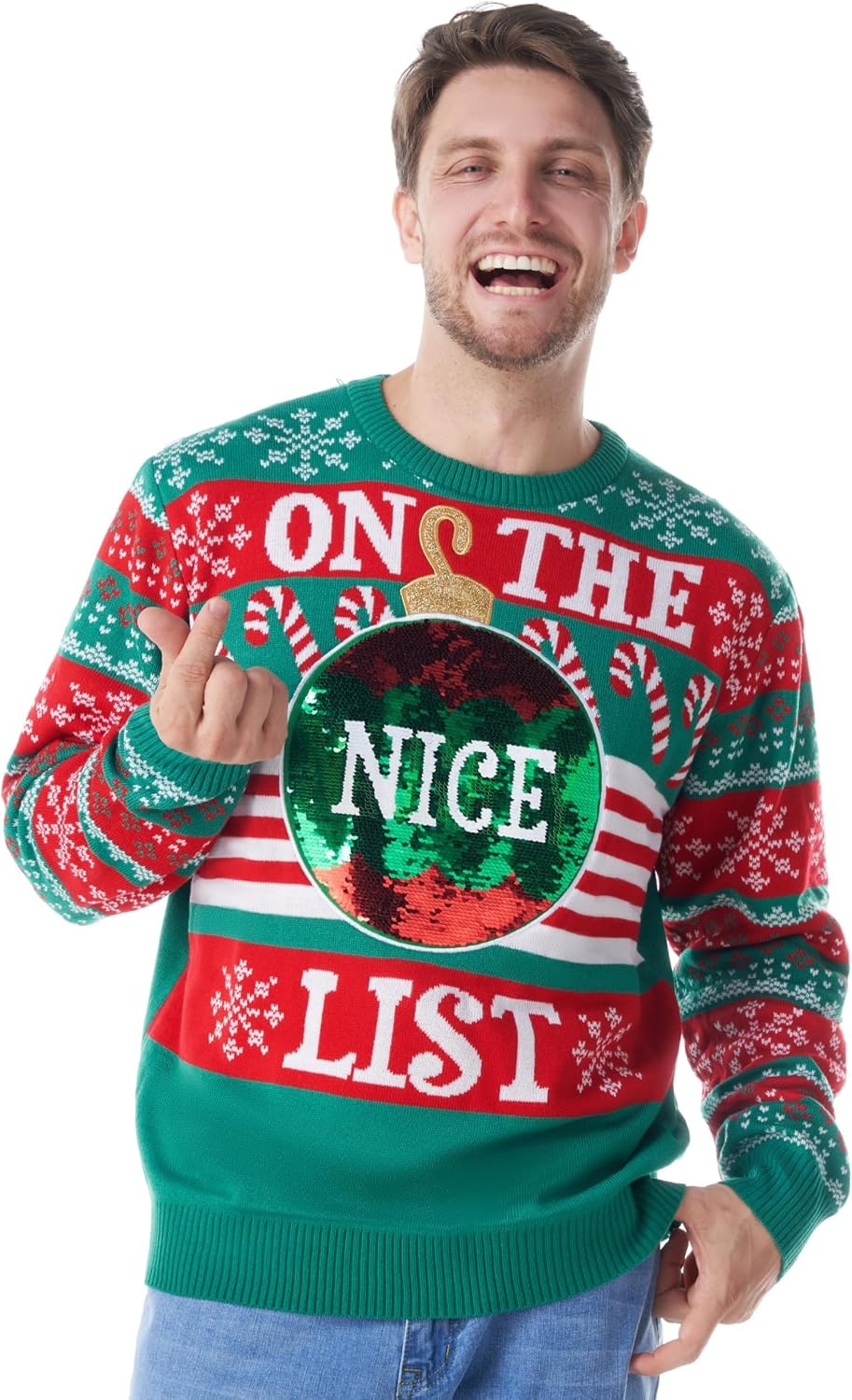 Pull de Noël humoristique vert sequins - Jusqu'à -36% de remise