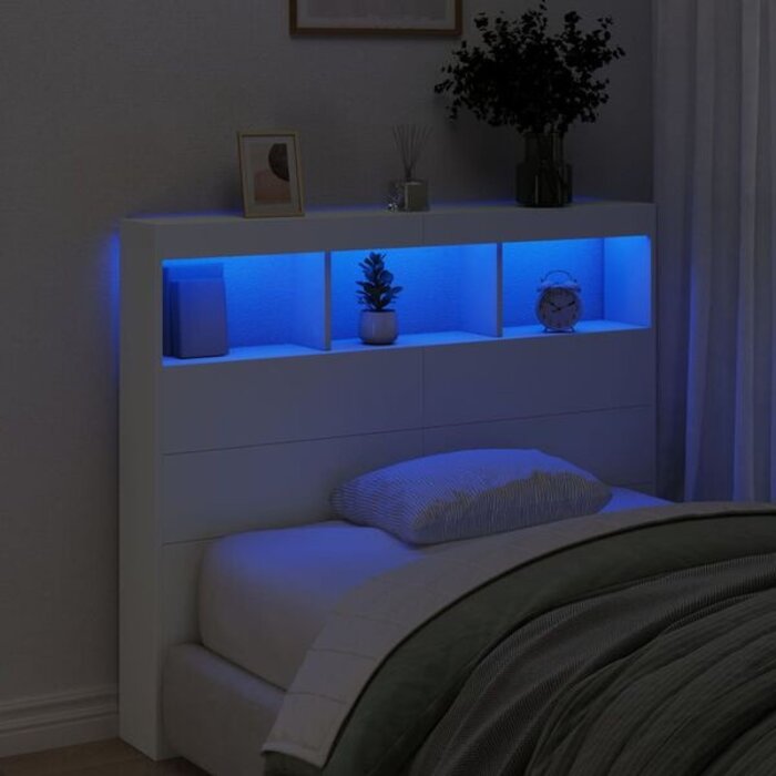Vidaxl Tête de lit avec rangement et LED 120cm - Blanc - Jusqu'à -66%