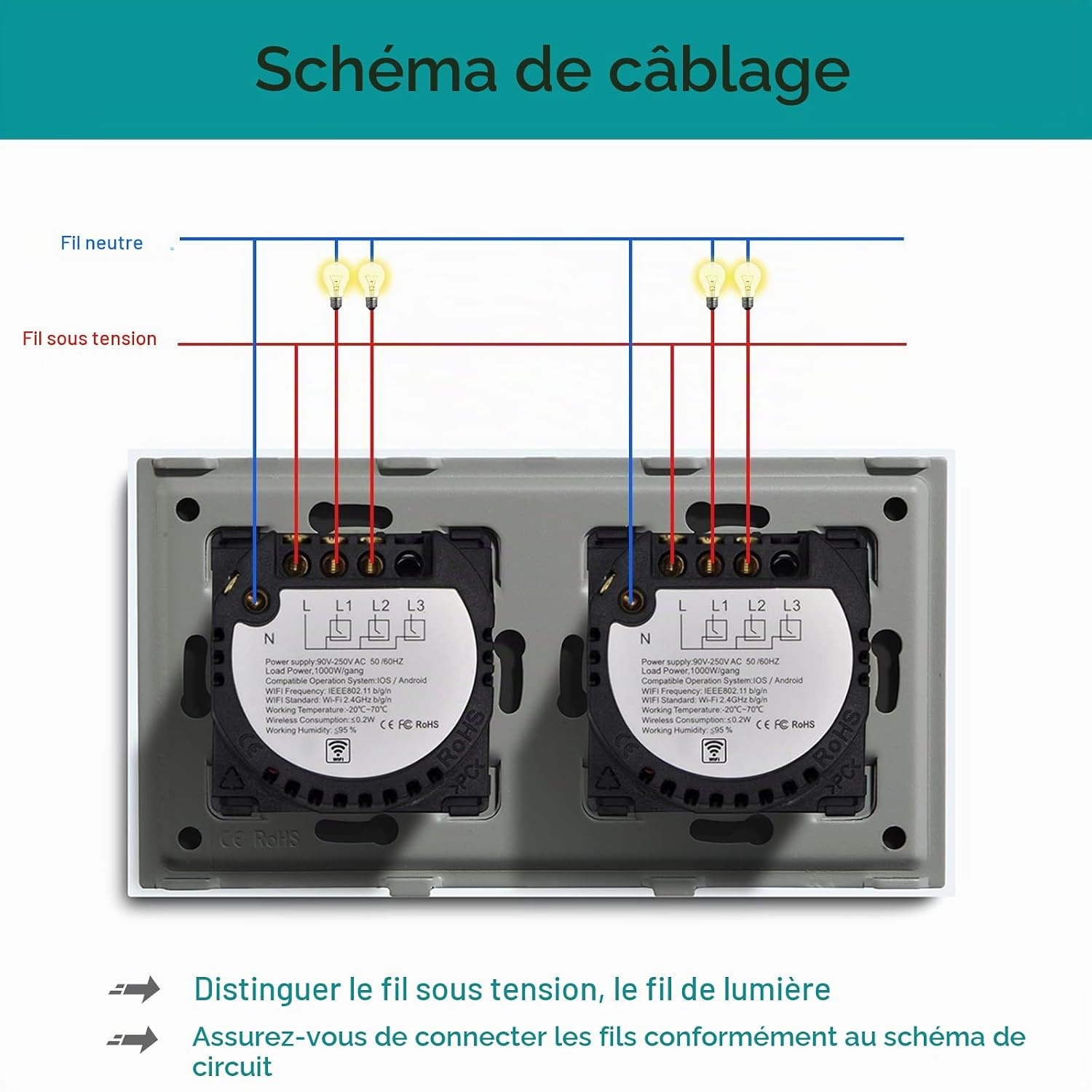 Interrupteur Mural Intelligent Double Wifi en Verre - Jusqu'à 34% de remise