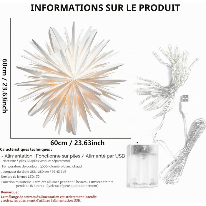Eanloly Étoile de Noël lumineuse 3D 60 cm - Jusqu'à 58% de remise