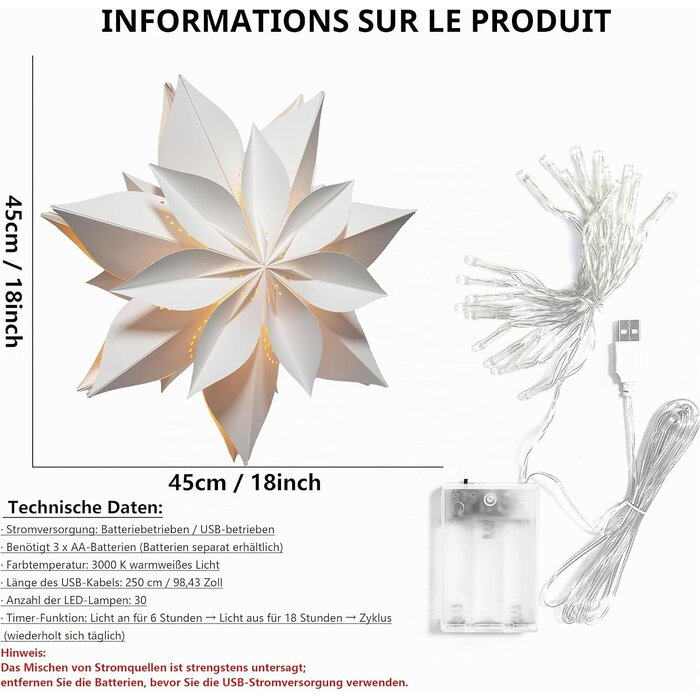 Eanloly Étoile de Noël lumineuse 3D 45 cm - Blanc - Jusqu'à 37% de remise