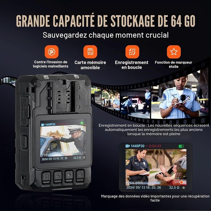 Caméra corporelle 2K avec GPS et vision nocturne - Jusqu'à -35%