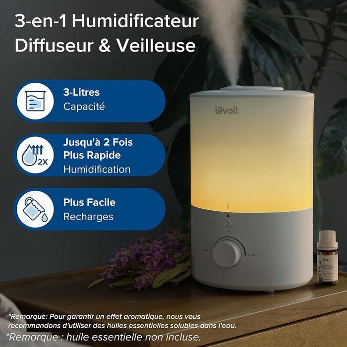 Humidificateur d'air 3L avec diffuseur et veilleuse - Jusqu'à -29%