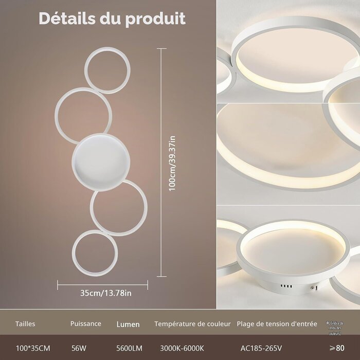 Plafonnier LED 5 anneaux 50W Dimmable - Design Moderne - Jusqu'à -69%