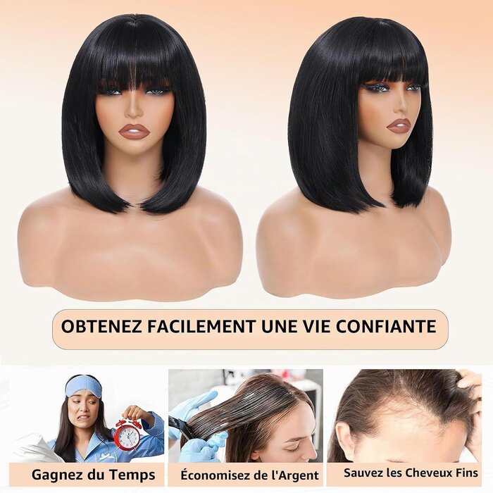 Perruque carré court noir avec frange - Jusqu'à -64% sur notre stock outlet