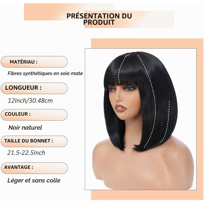 Perruque carré court noir avec frange - Jusqu'à -64% sur notre stock outlet
