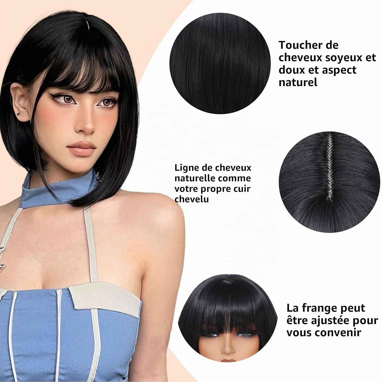Perruque carré court noir avec frange - Jusqu'à -64% sur notre stock outlet