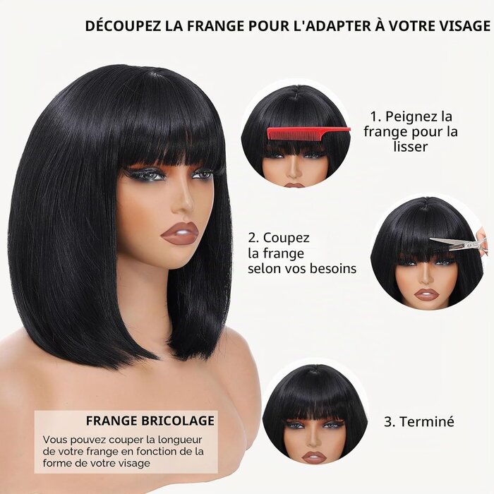 Perruque carré court noir avec frange - Jusqu'à -64% sur notre stock outlet