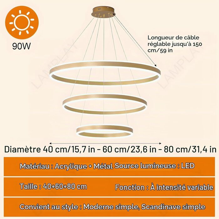 Suspension LED 3 Anneaux Dorés - Dimmable - Jusqu'à -71% de réduction