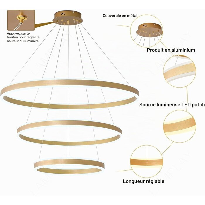 Suspension LED 3 Anneaux Dorés - Dimmable - Jusqu'à -71% de réduction