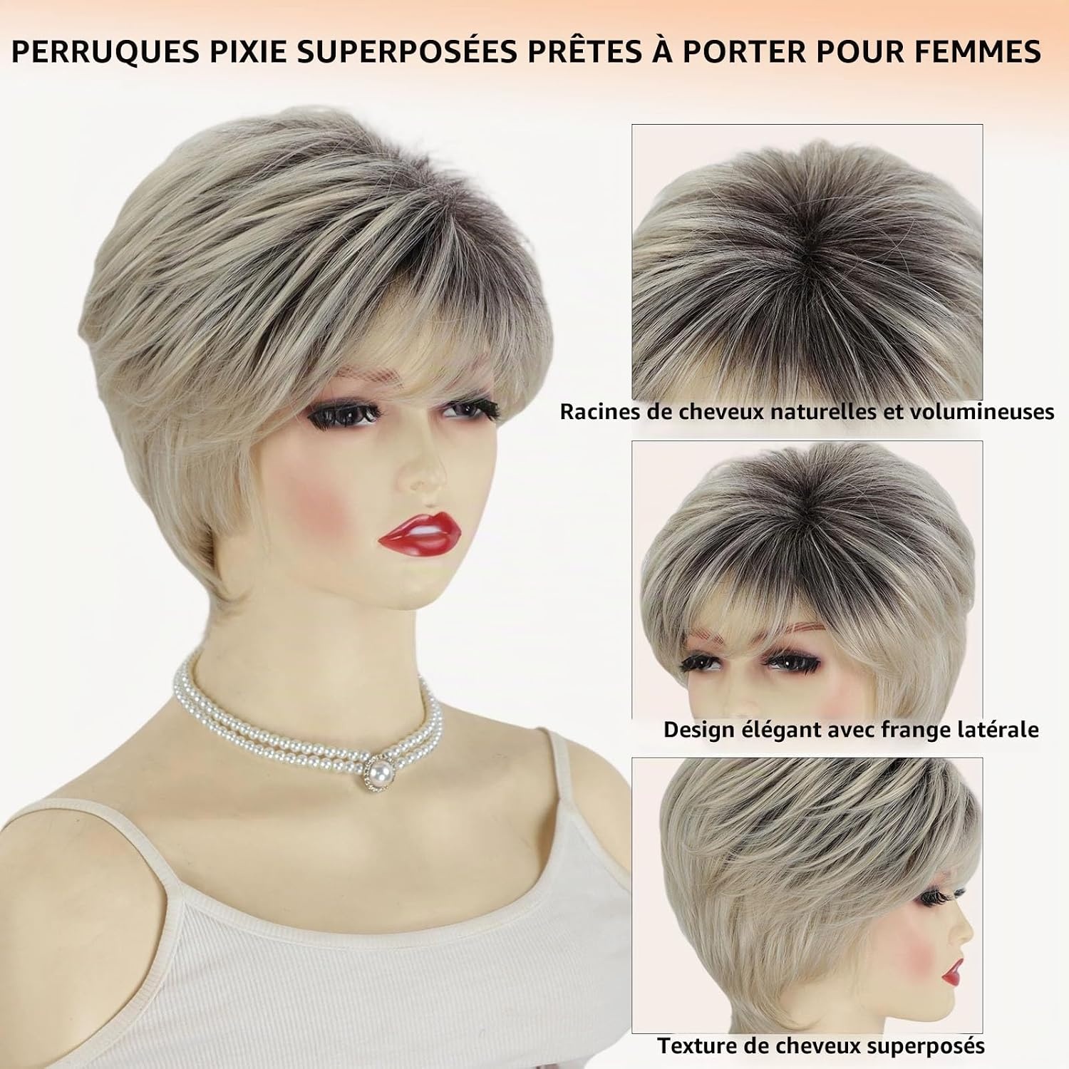 Perruque courte Pixie blond platine ombré - Jusqu'à -65%