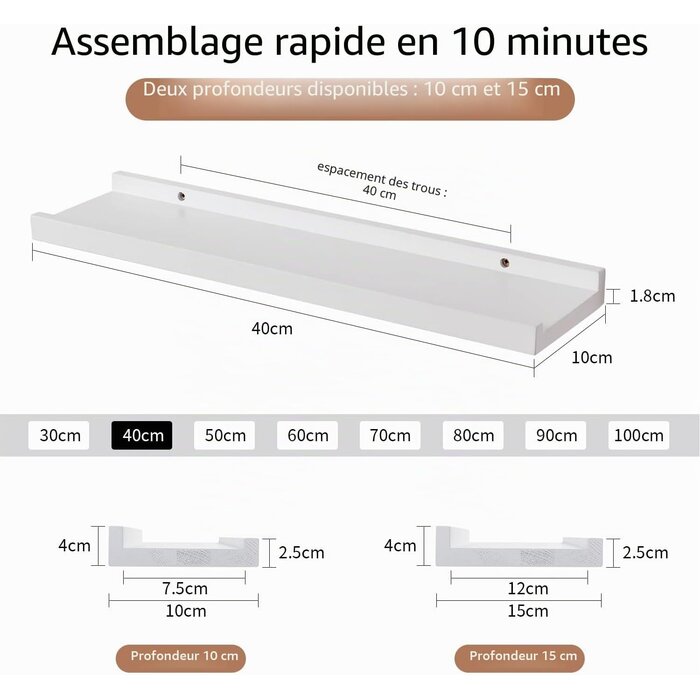 Lot de 2 étagères murales chêne massif 40cm - Blanc - Jusqu'à -66%