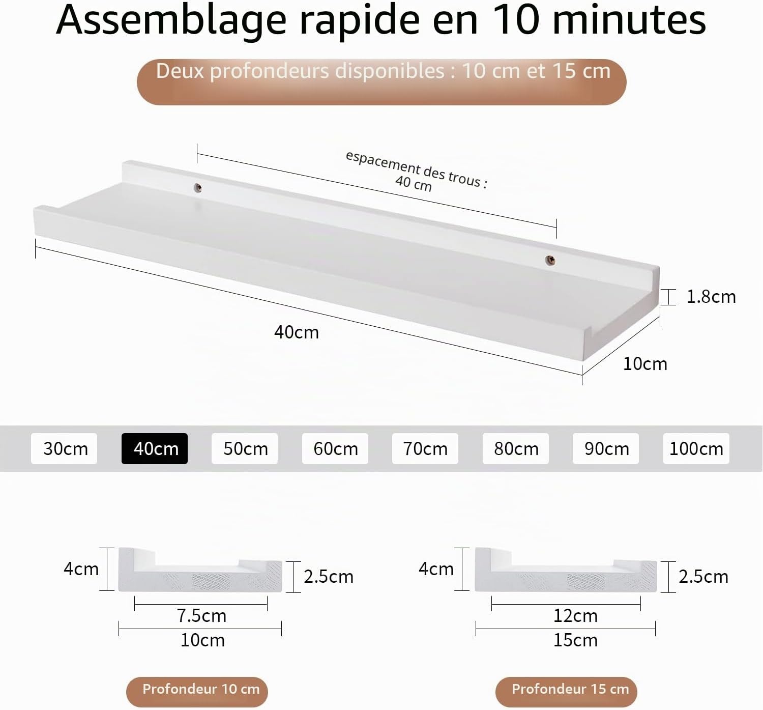 Lot de 2 étagères murales chêne massif 40cm - Blanc - Jusqu'à -66%