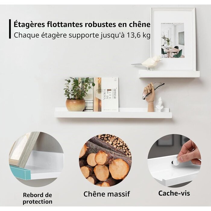 Lot de 2 étagères murales chêne massif 40cm - Blanc - Jusqu'à -66%