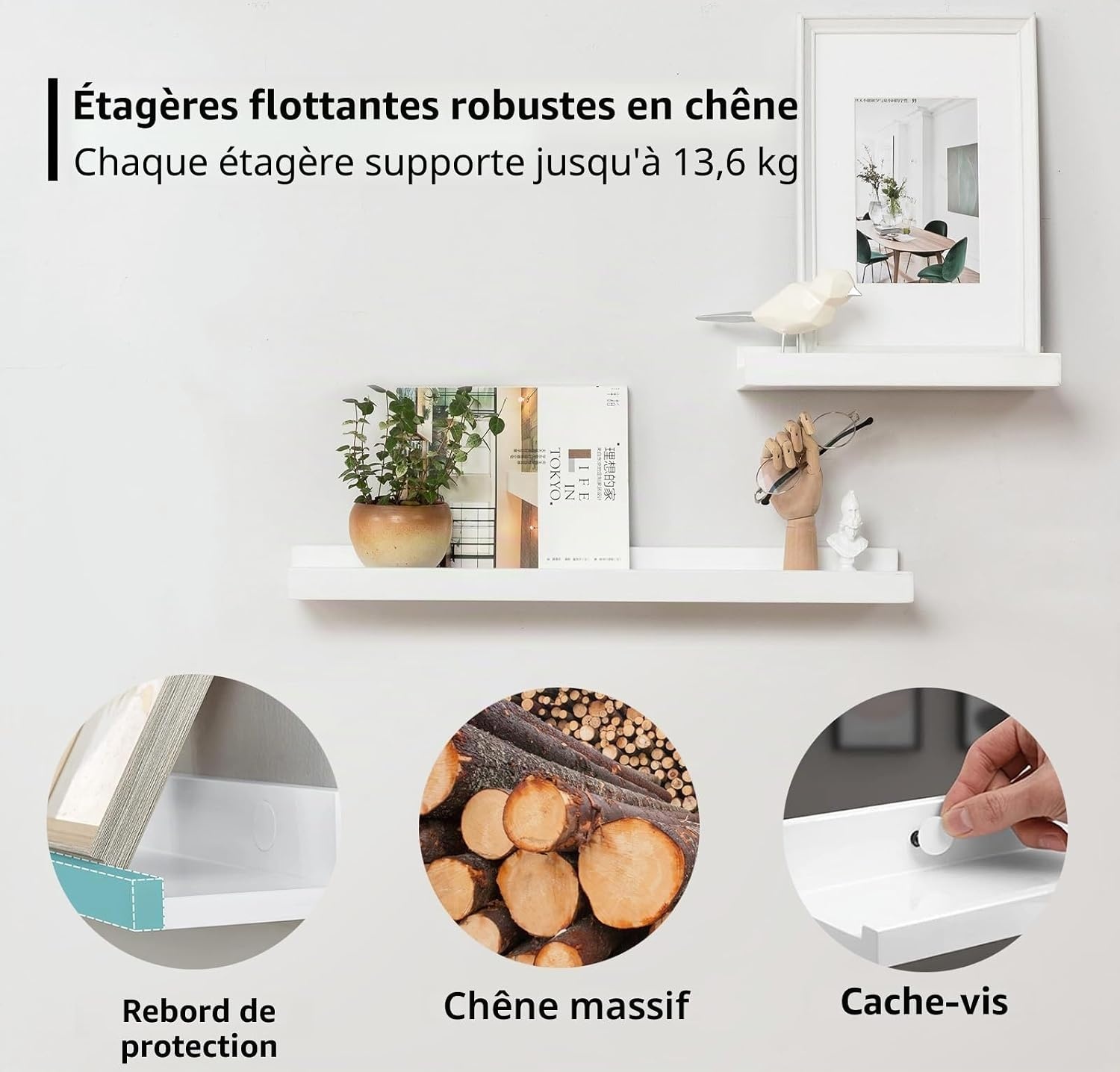 Lot de 2 étagères murales chêne massif 40cm - Blanc - Jusqu'à -66%
