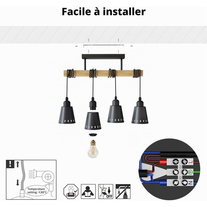 Suspension industrielle 4 lumières métal et bois - Jusqu'à 64% de remise