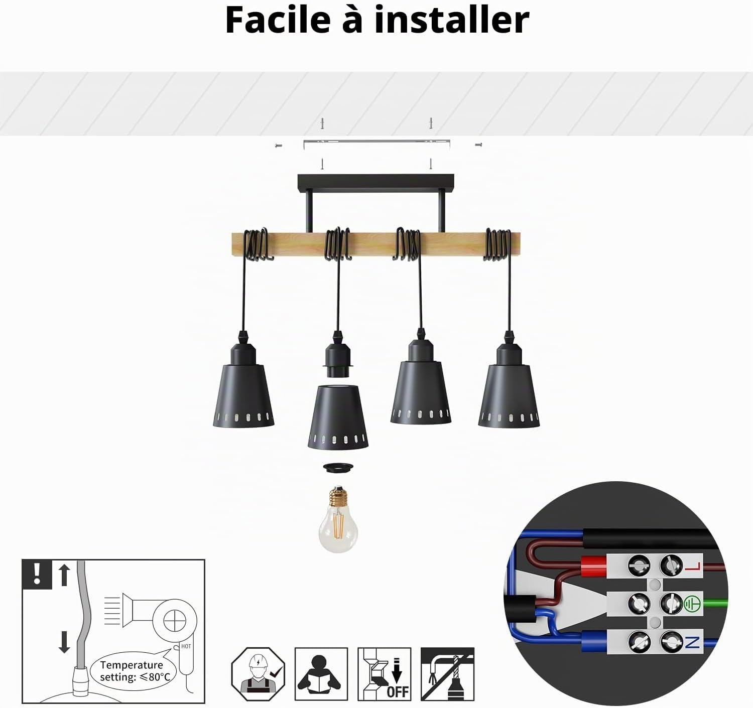 Suspension industrielle 4 lumières métal et bois - Jusqu'à 64% de remise